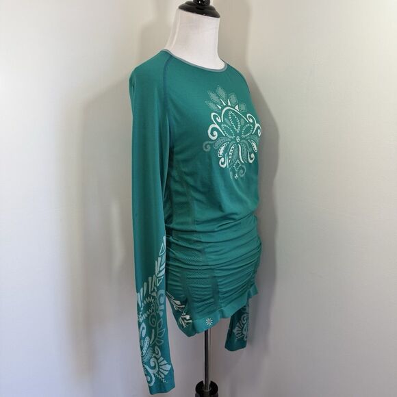 Athleta Tunic Top XS Long Sleeve Twist Ruched Teal Blue Tribal Snow Thumbholes - Picture 2 of 11